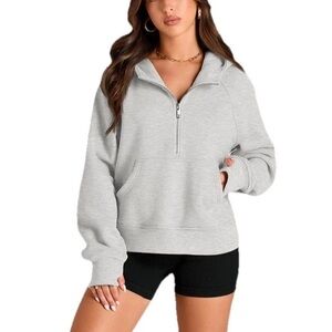 AUTOMET Half Zip Sweatshirt Cropped Hoodie Fleece Women’s Balloon Sleeve Grey Sm